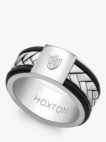 Hoxton London Leather Herringbone Band Ring, Silver/Black, Silver/Black