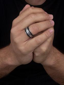 Hoxton London Leather Herringbone Band Ring, Silver/Black - view 2, Silver/Black