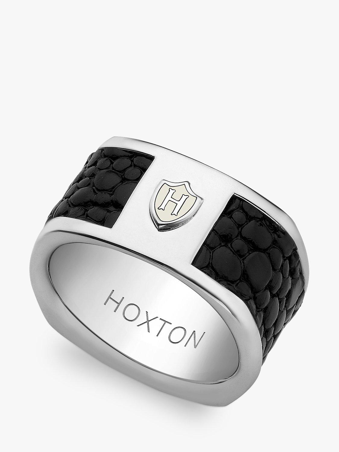 Hoxton London Pebbled Leather Inlay Ring, Silver/Black, Silver/Black