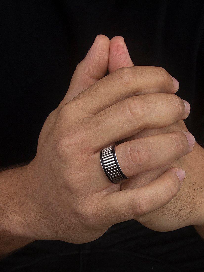 Product image 2 of 4, which shows Hoxton London Ribbed Leather Inlay Ring, Silver/Black, U1/2