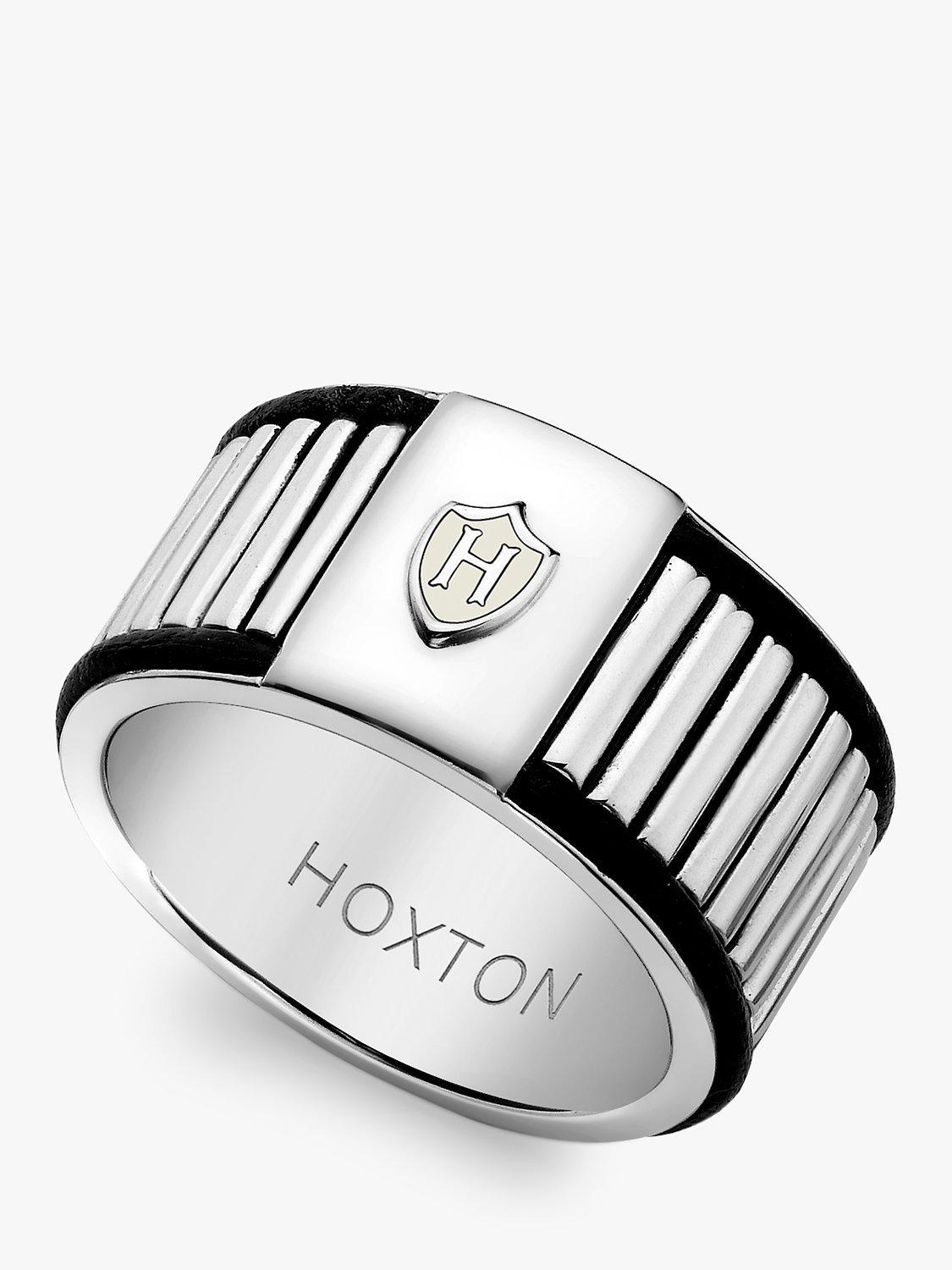 Product image 1 of 4, which shows Hoxton London Ribbed Leather Inlay Ring, Silver/Black, T