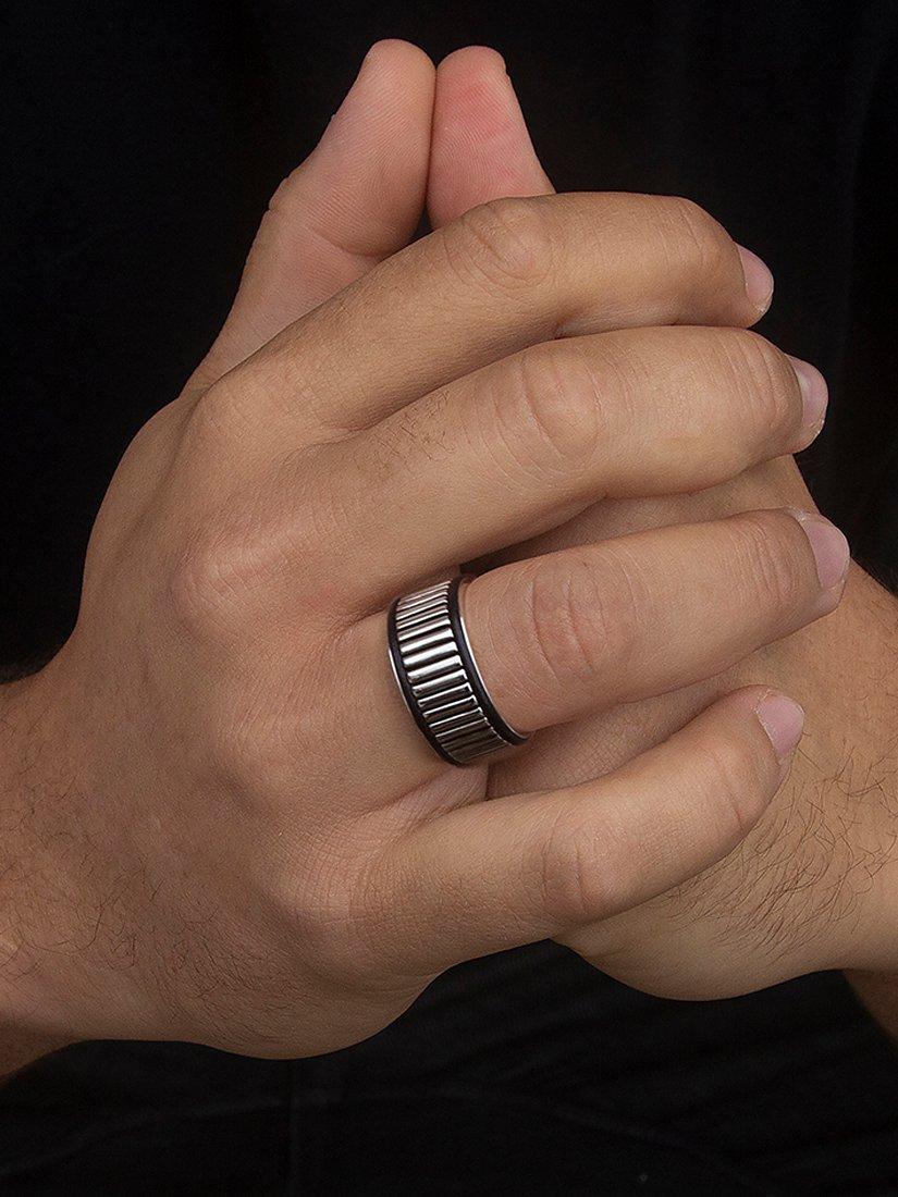 Product image 2 of 4, which shows Hoxton London Ribbed Leather Inlay Ring, Silver/Black, T