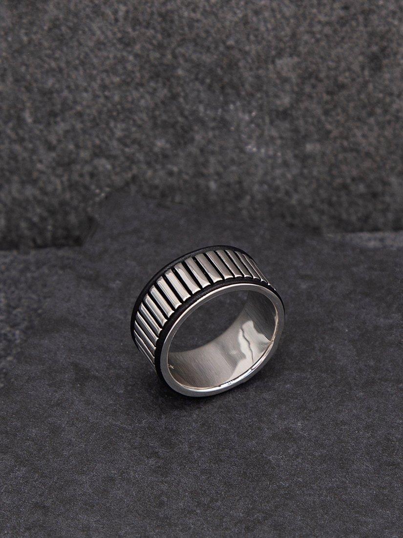 Product image 3 of 4, which shows Hoxton London Ribbed Leather Inlay Ring, Silver/Black, T