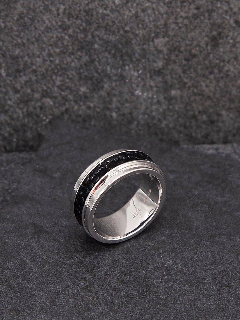 Product image 3 of 4, which shows Hoxton London Pebbled Leather Spinning Ring, Silver/Black, R1/2