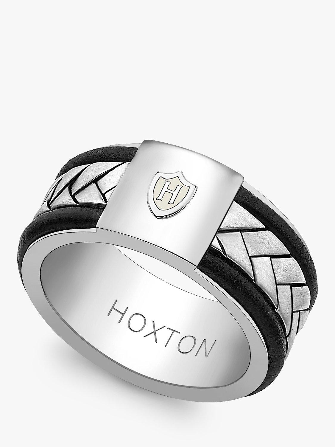 Product image 1 of 4, which shows Hoxton London Leather Herringbone Band Ring, Silver/Black, R1/2