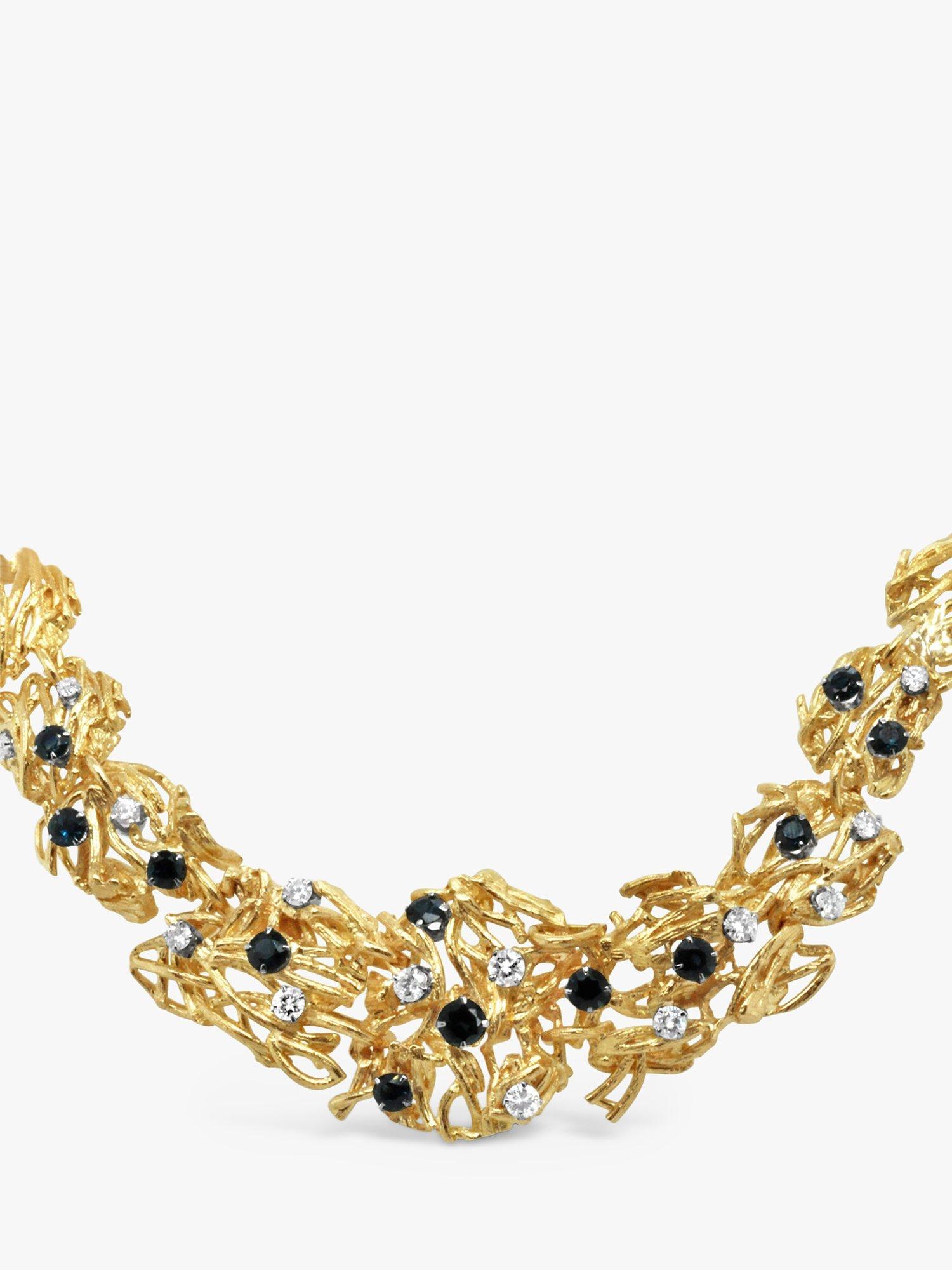 Product image 1 of 4, which shows Milton & Humble Jewellery Pre-Loved 18ct Yellow Gold Sapphire & Diamond Ornate Branch Collar Necklace, Dated London 1964
