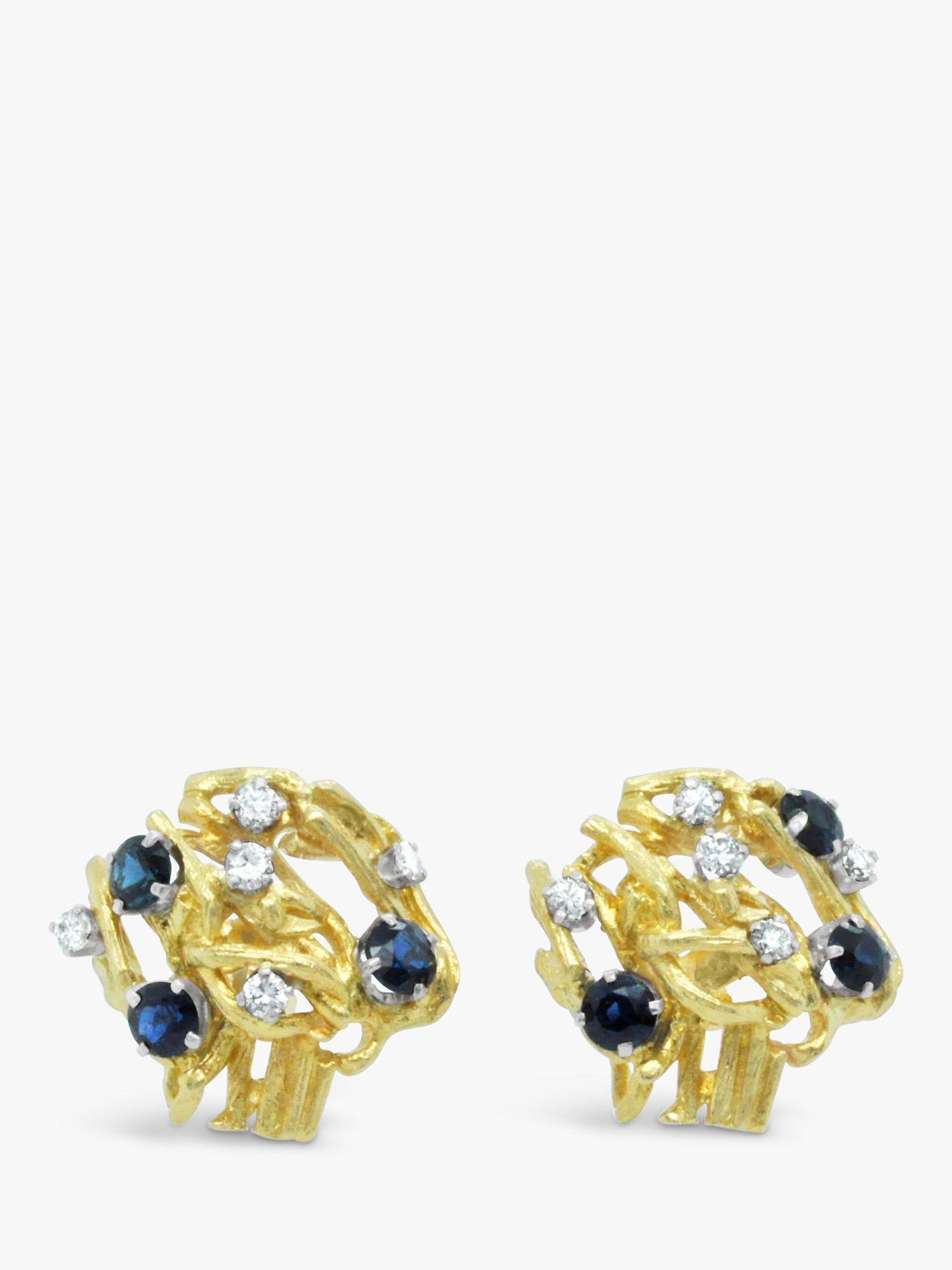 Product image 1 of 3, which shows Milton & Humble Jewellery Pre-Loved 18ct Yellow & White Gold Sapphire & Diamond Ornate Branch Stud Earrings