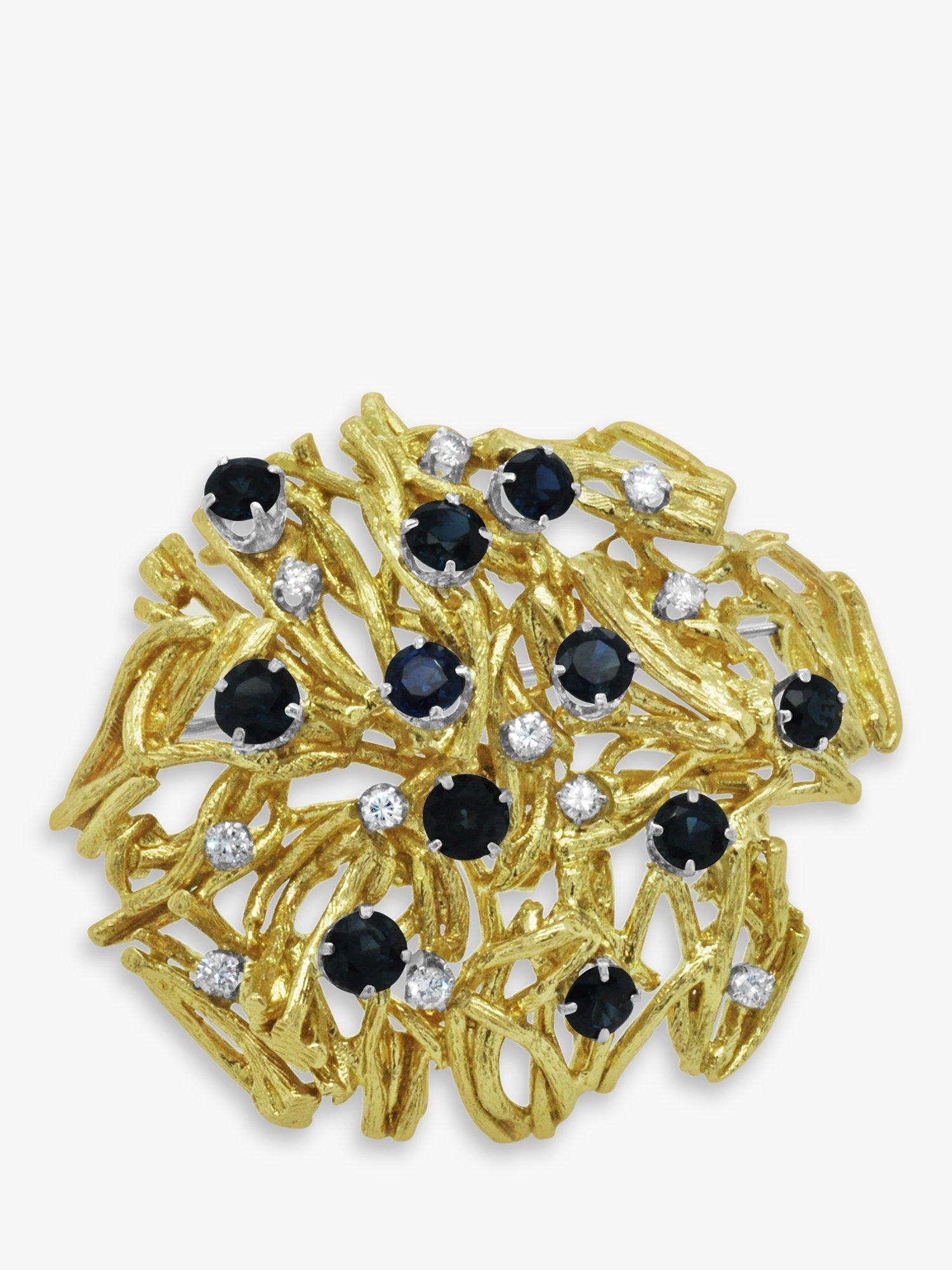Product image 1 of 2, which shows Milton & Humble Jewellery Pre-Loved 18ct Yellow  & White Gold Sapphire & Diamond Branch Brooch, Dated London 1964-5