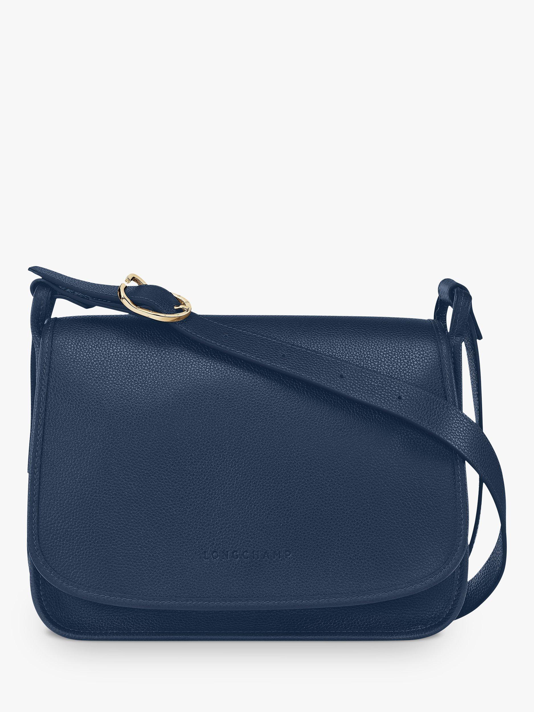 Product image 1 of 5, which shows Longchamp Le Foulonné Large Leather Flap Over Cross Body Bag, Navy