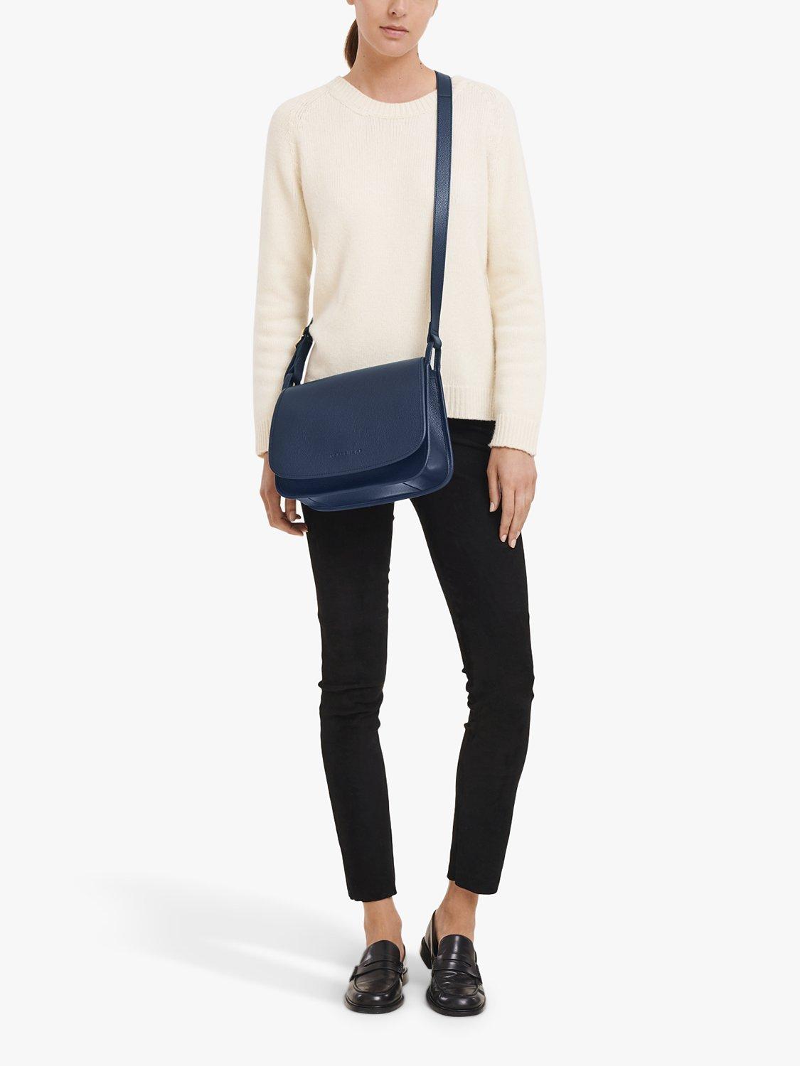 Product image 4 of 5, which shows Longchamp Le Foulonné Large Leather Flap Over Cross Body Bag, Navy