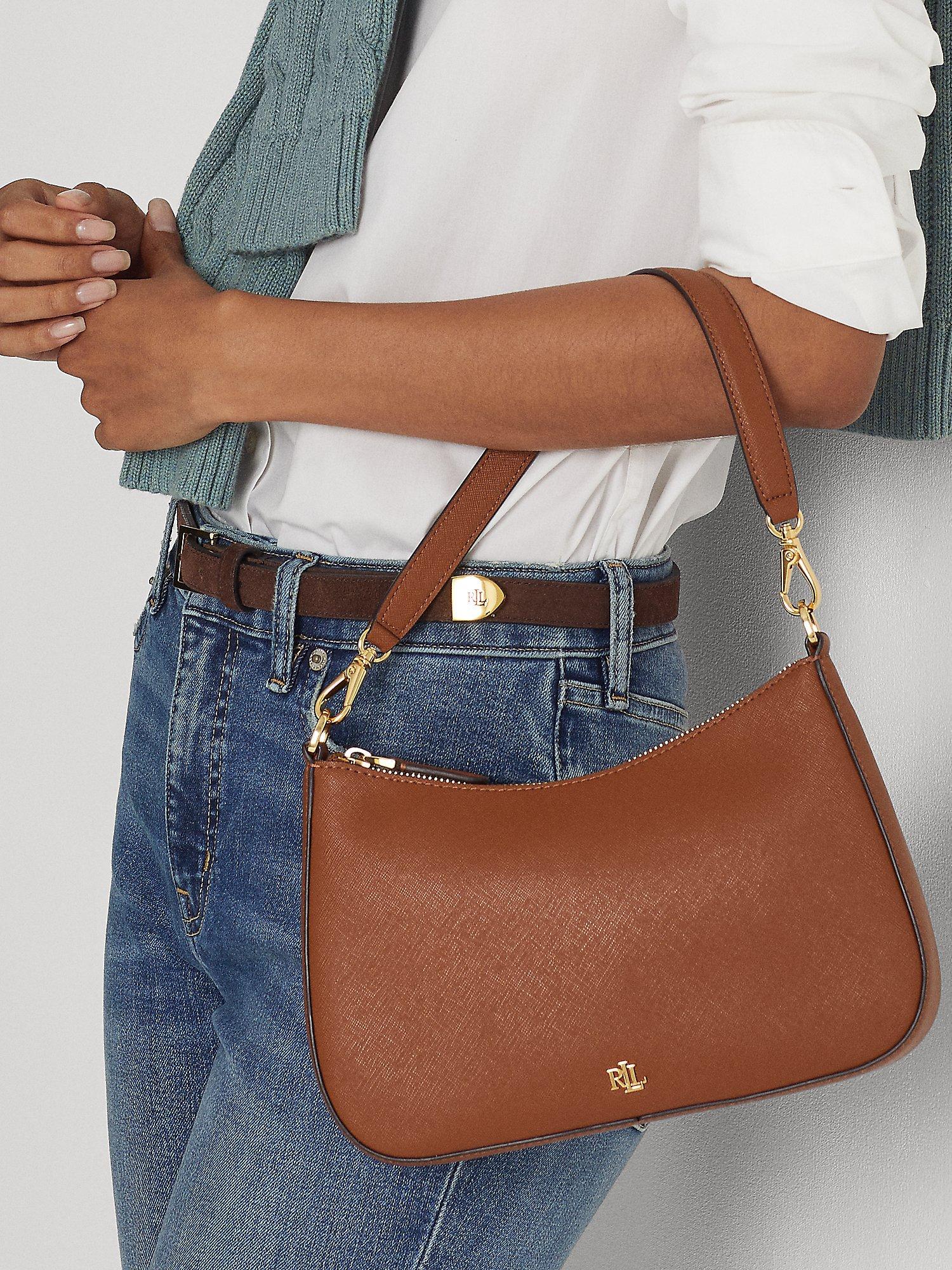 Product image 5 of 6, which shows Lauren Ralph Lauren Danni 26 Crosshatch Leather Shoulder Bag, Lauren Tan