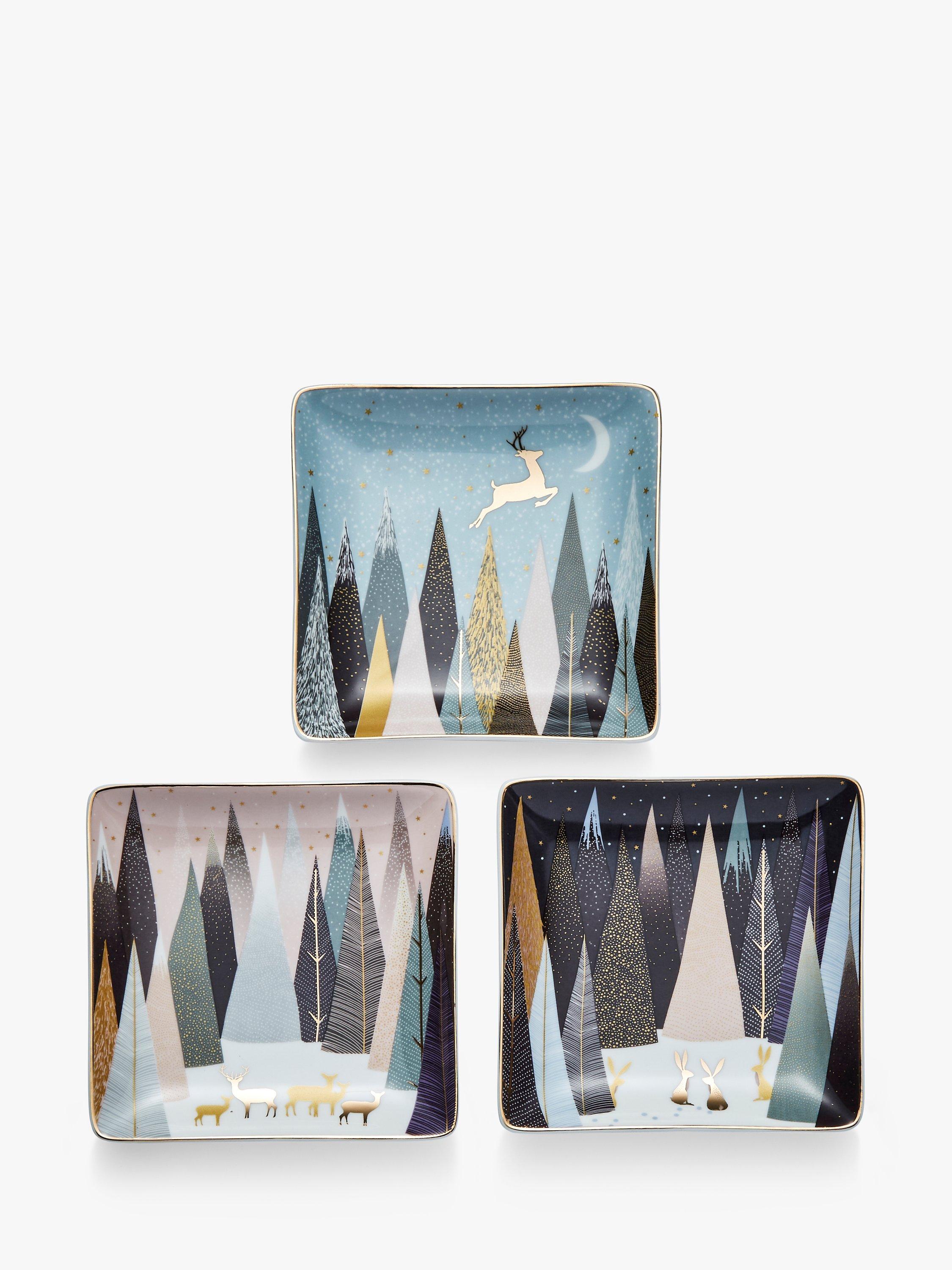 Sara Miller Christmas Frosted Pines 22-Carat Gold Fine China Square Dish, Set of 3, 11.5cm, Multi