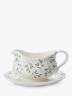Sophie Conran for Portmeirion Mistletoe Porcelain Gravy Boat & Stand, 550ml, White/Green, White/Green
