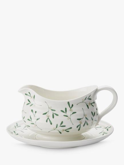 Sophie Conran for Portmeirion Mistletoe Porcelain Gravy Boat & Stand, 550ml, White/Green, White/Green