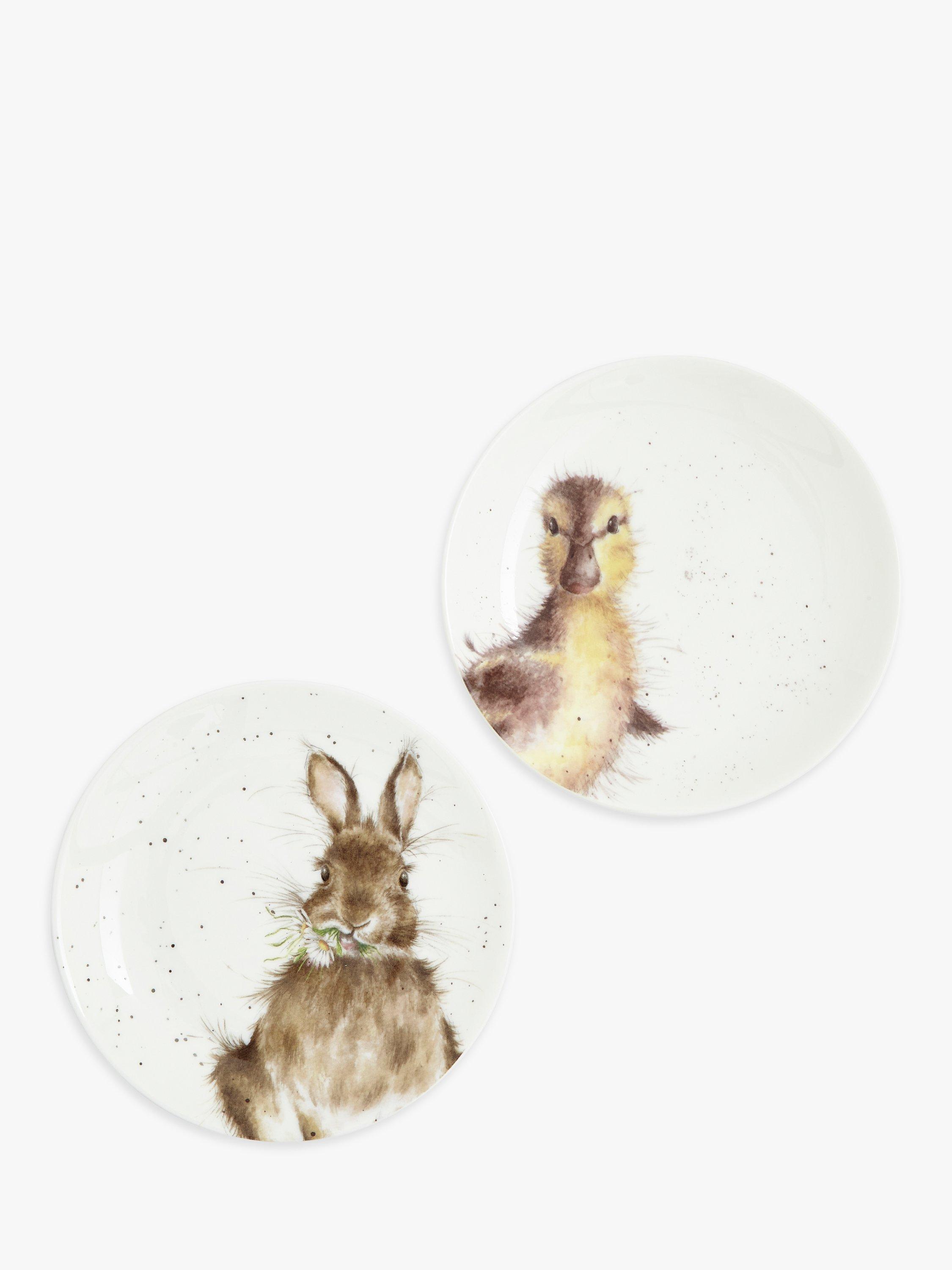 Wrendale Designs Bunny & Duckling Bone China Coupe Plates, Set of 2, 16.5cm, White/Brown