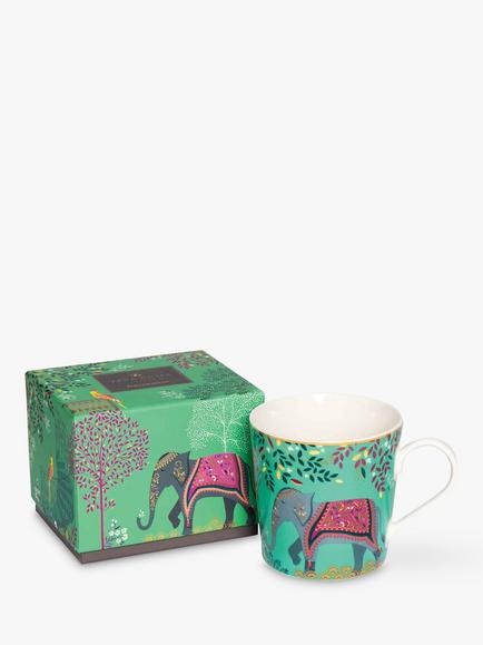 Sara Miller Escape to India Elephants Oasis 22ct Gold Fine China Mug, 340ml, Jade/Multi - view 2, Jade/Multi