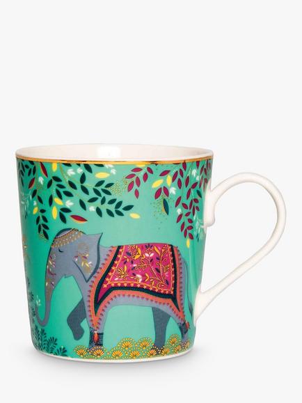 Sara Miller Escape to India Elephants Oasis 22ct Gold Fine China Mug, 340ml, Jade/Multi, Jade/Multi