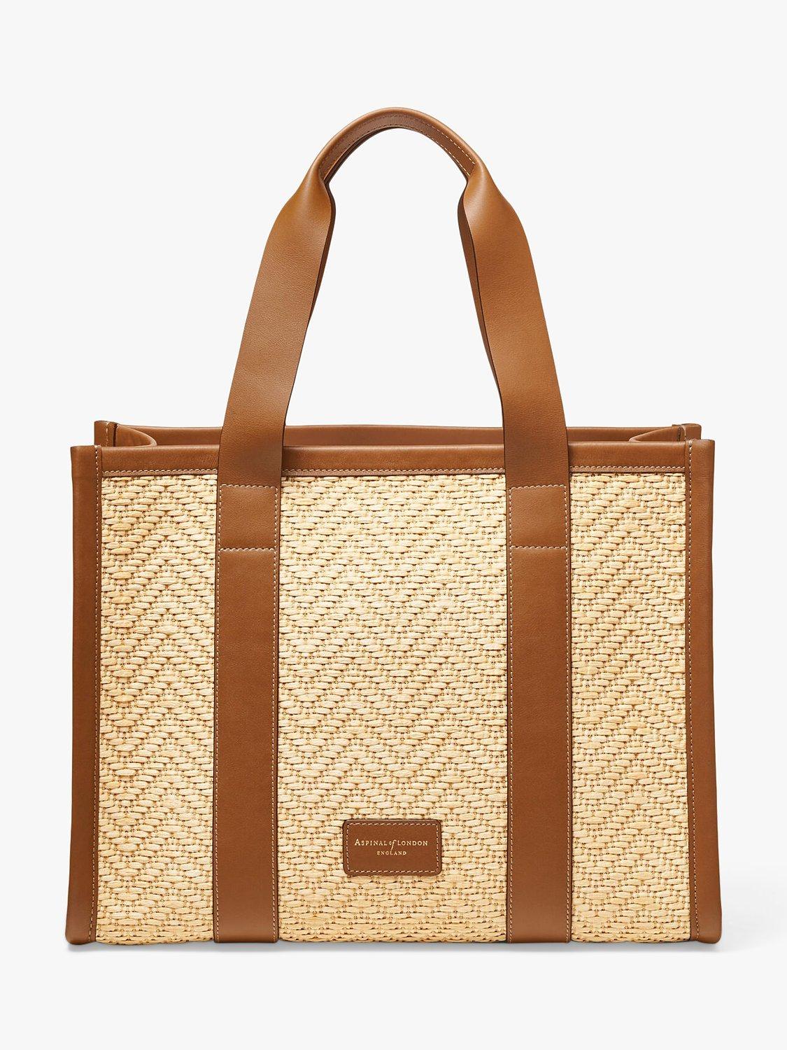 Product image 1 of 3, which shows Aspinal of London Small Henley Raffia and Leather Tote Bag, Tan/Natural