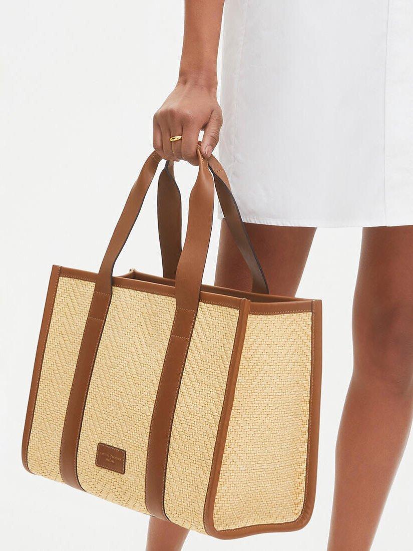 Product image 2 of 3, which shows Aspinal of London Small Henley Raffia and Leather Tote Bag, Tan/Natural