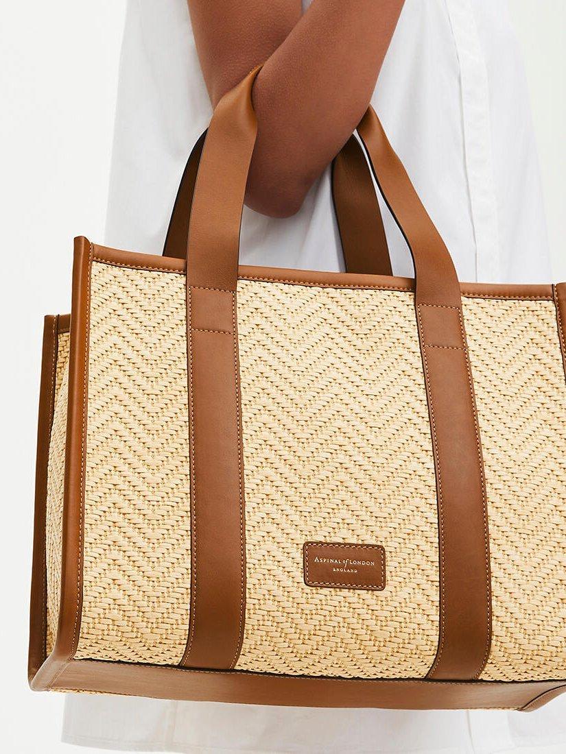 Aspinal of London Small Henley Raffia and Leather Tote Bag, Tan/Natural