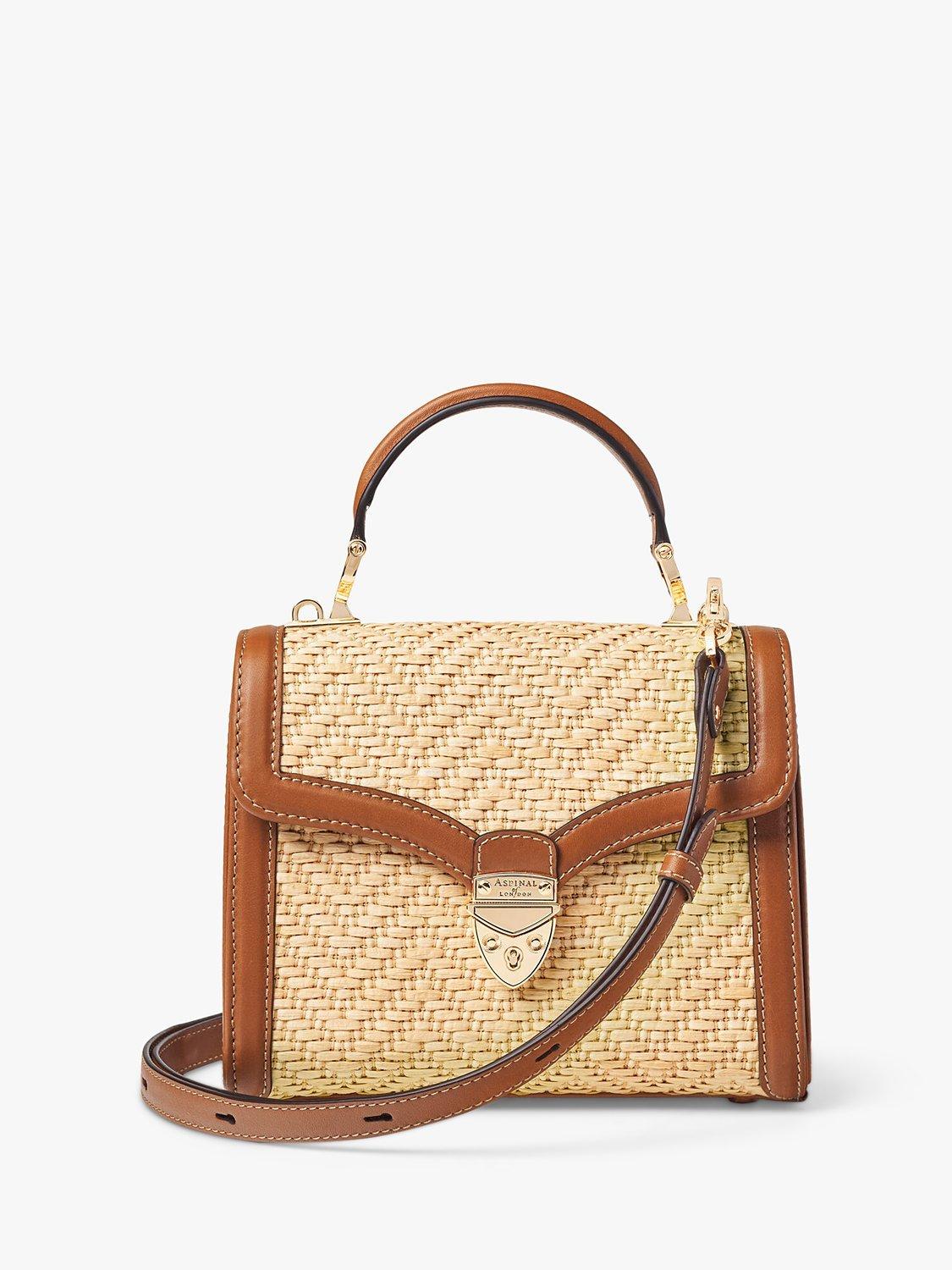 Product image 1 of 5, which shows Aspinal of London Mayfair Midi Raffian and Leather Handbag, Tan/Natural