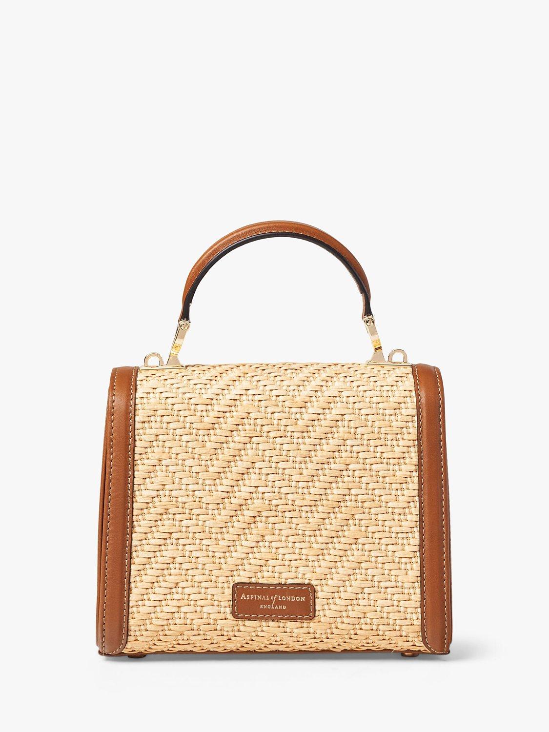 Product image 2 of 5, which shows Aspinal of London Mayfair Midi Raffian and Leather Handbag, Tan/Natural