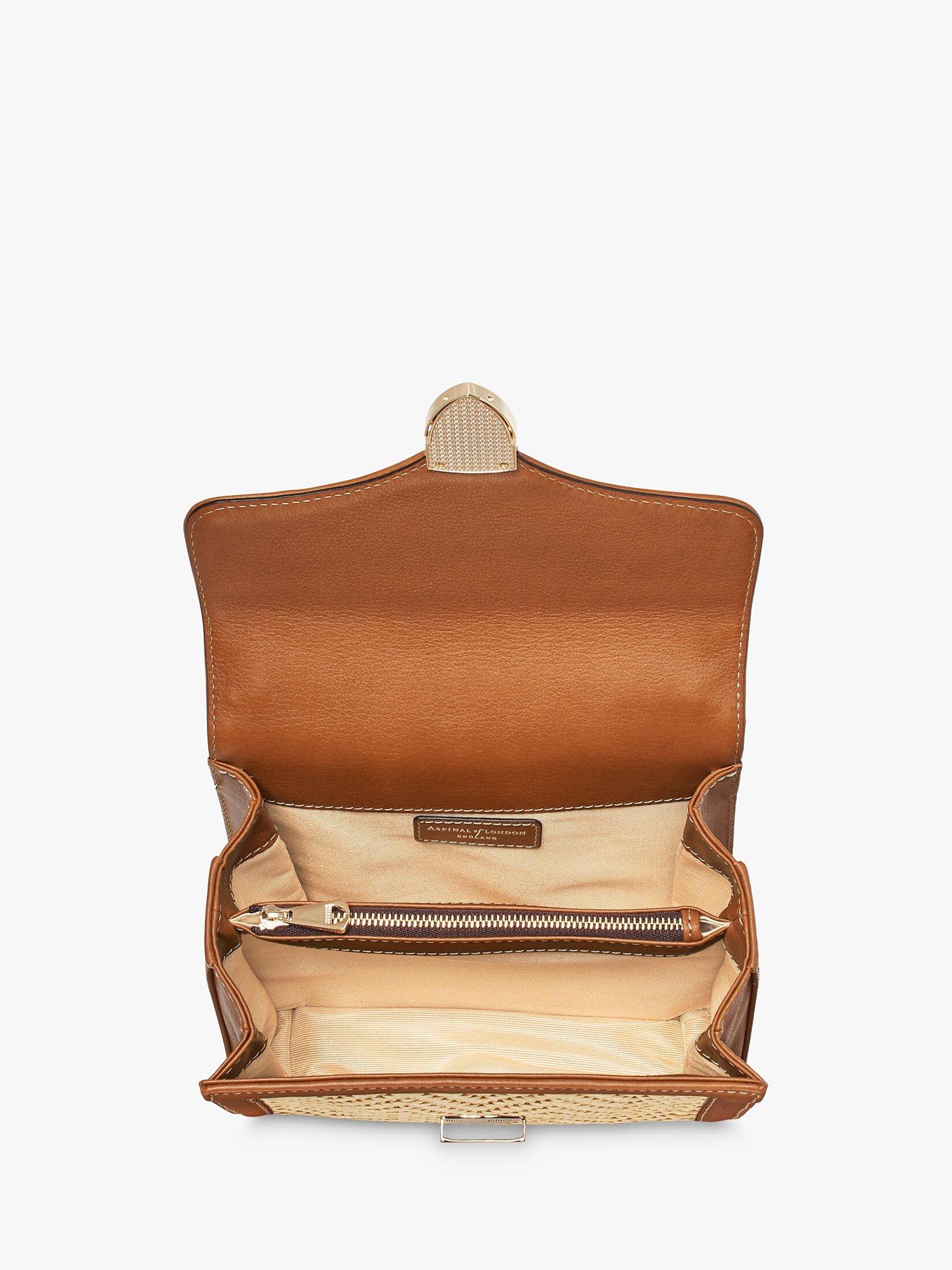 Product image 3 of 5, which shows Aspinal of London Mayfair Midi Raffian and Leather Handbag, Tan/Natural