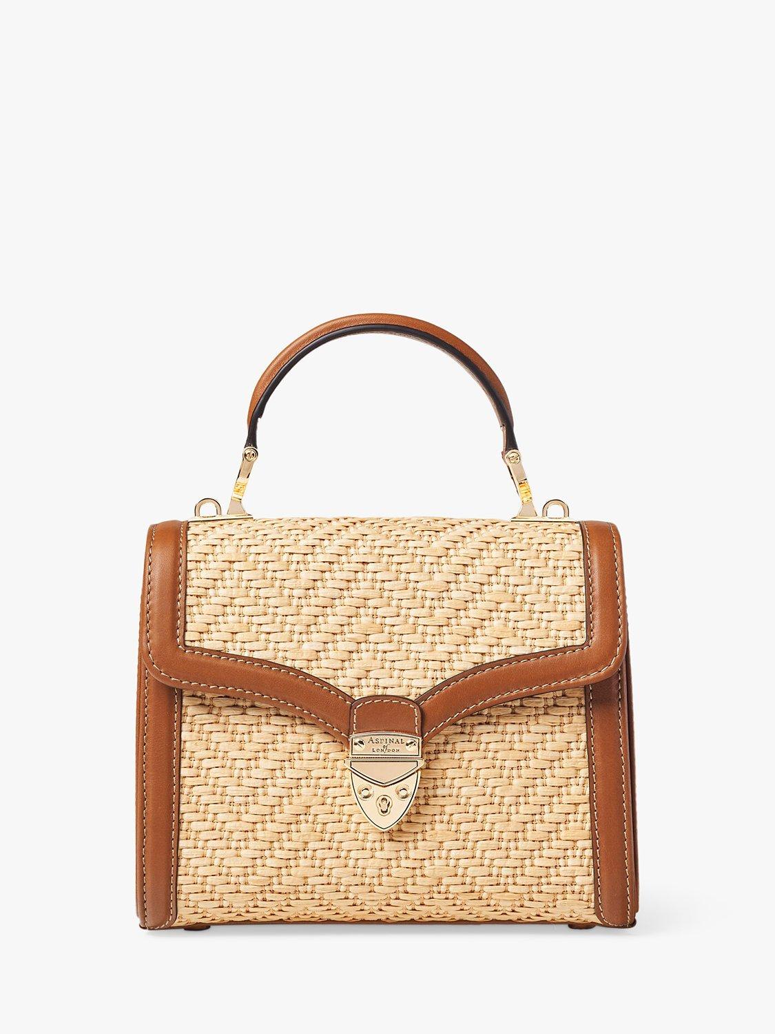Product image 4 of 5, which shows Aspinal of London Mayfair Midi Raffian and Leather Handbag, Tan/Natural