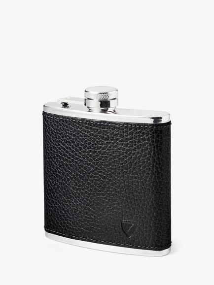 Aspinal of London Classic Pebble Leather Stainless Steel Hip Flask, Black