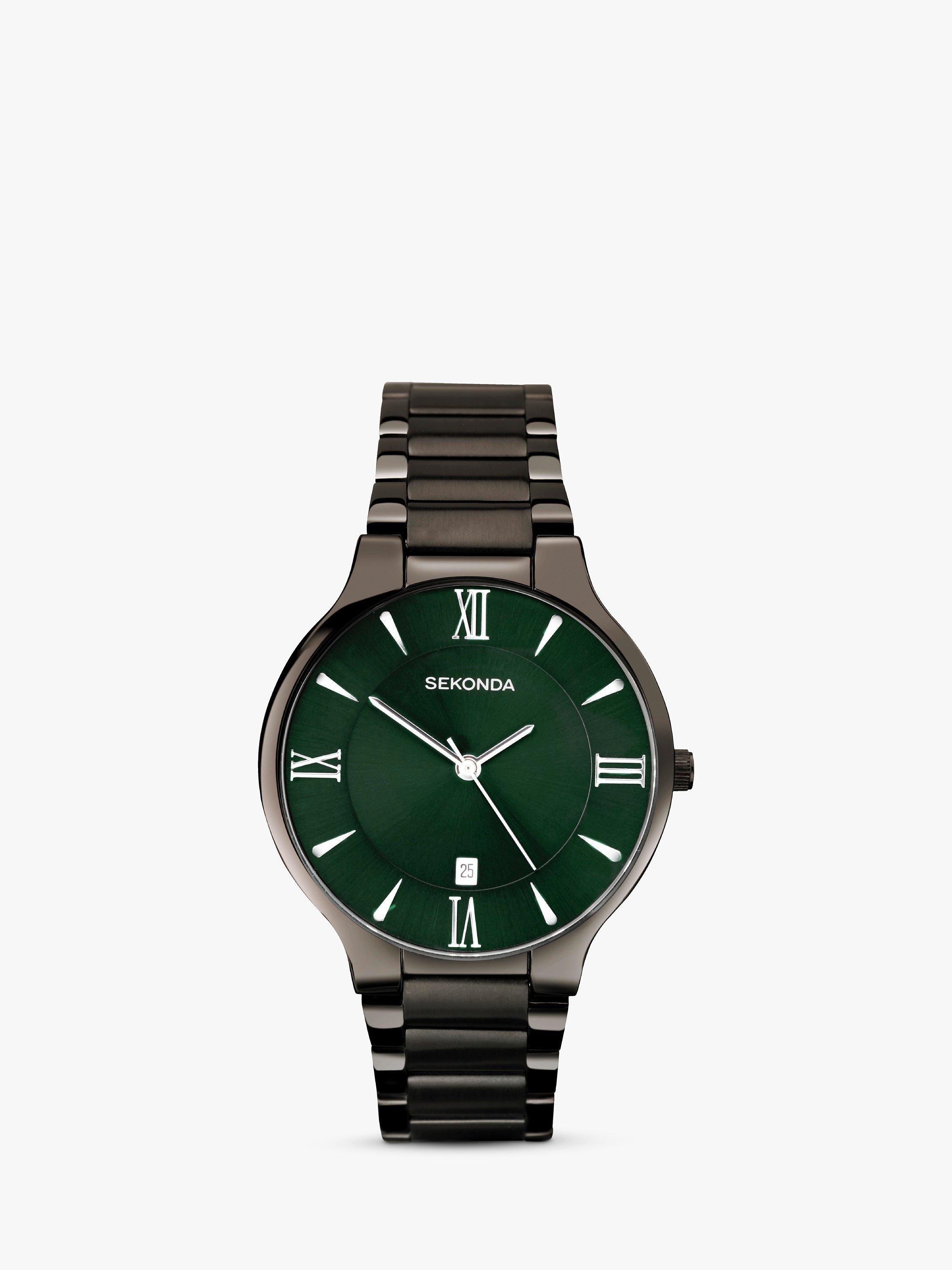 Sekonda Men's Date Bracelet Strap Watch, Gunmetal/Green 30045.27