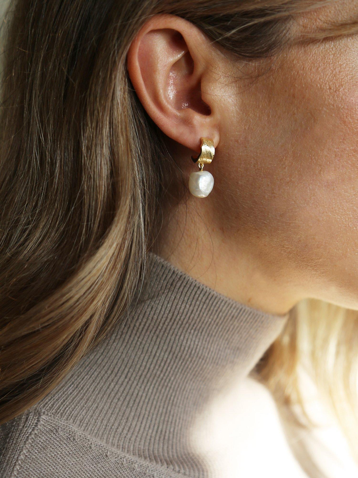 Product image 4 of 5, which shows Tutti & Co Drop Pearl Huggie Earrings, Gold