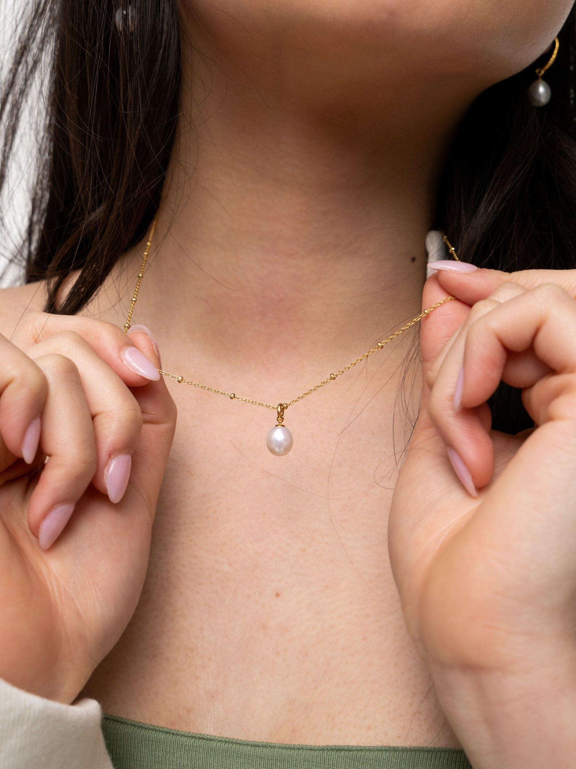 Product image 7 of 7, which shows Dower & Hall Pearl Pendant Beaded Necklace, Gold/White