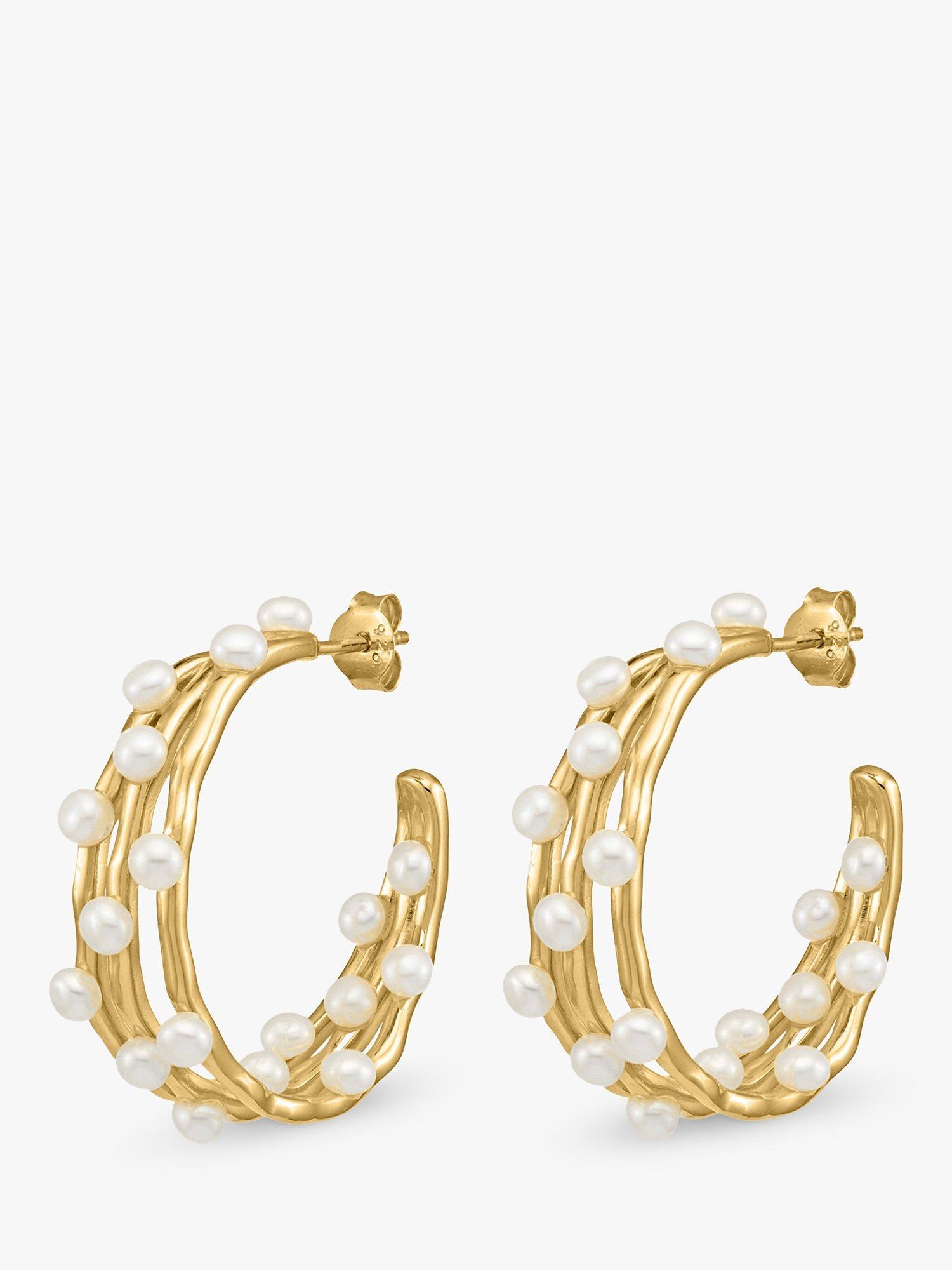 Product image 1 of 5, which shows Dower & Hall Medium Triple Row Waterfall Pearl Hoop Earrings, Gold/White