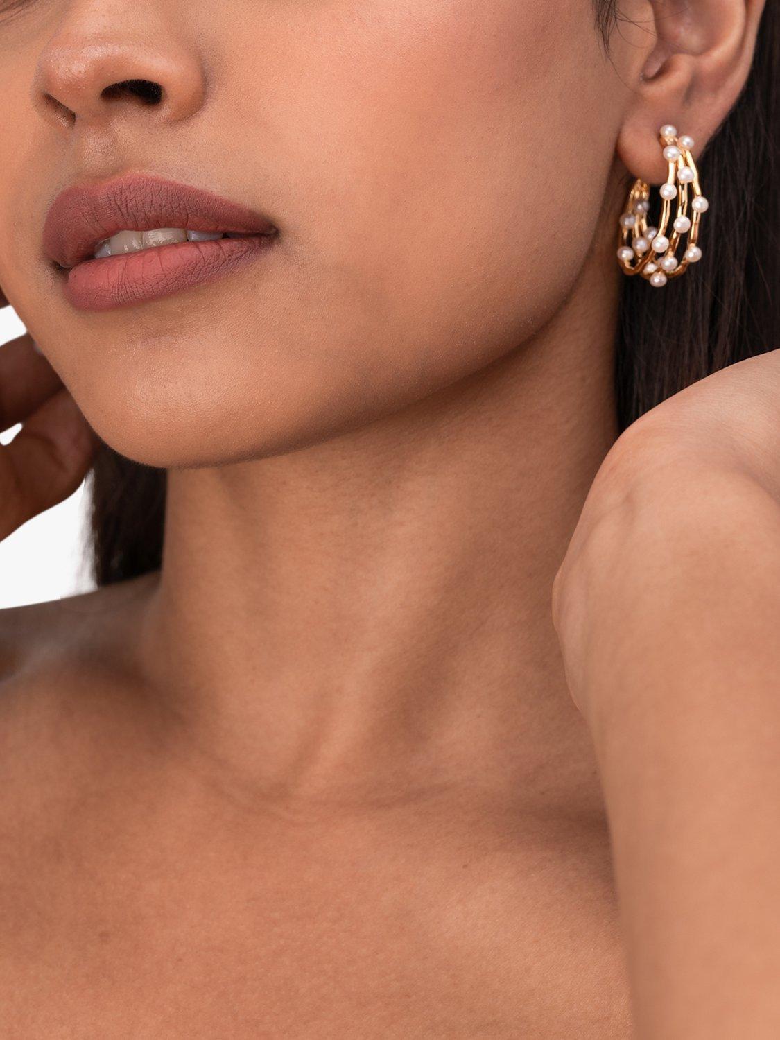 Product image 2 of 5, which shows Dower & Hall Medium Triple Row Waterfall Pearl Hoop Earrings, Gold/White