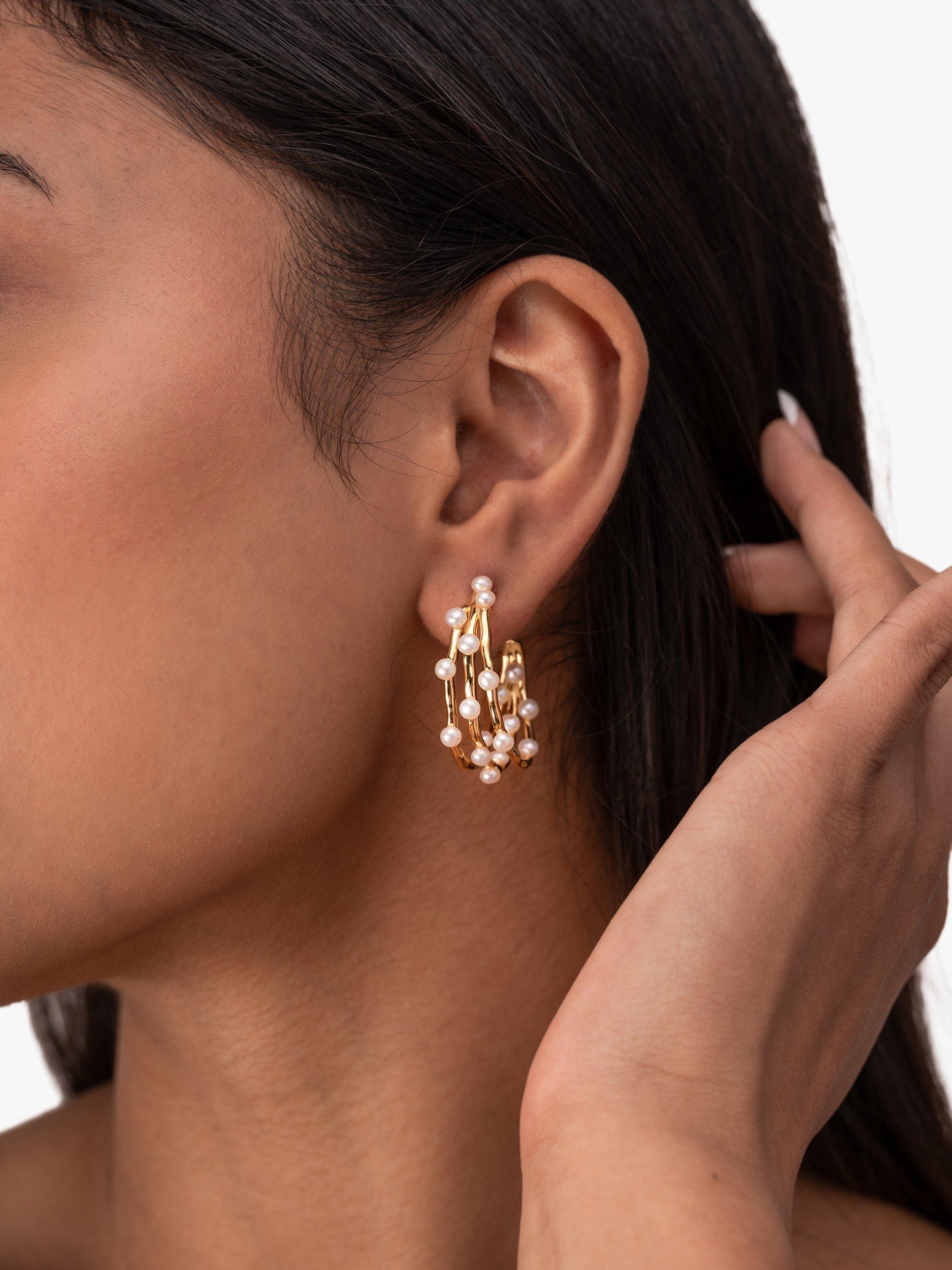 Product image 3 of 5, which shows Dower & Hall Medium Triple Row Waterfall Pearl Hoop Earrings, Gold/White