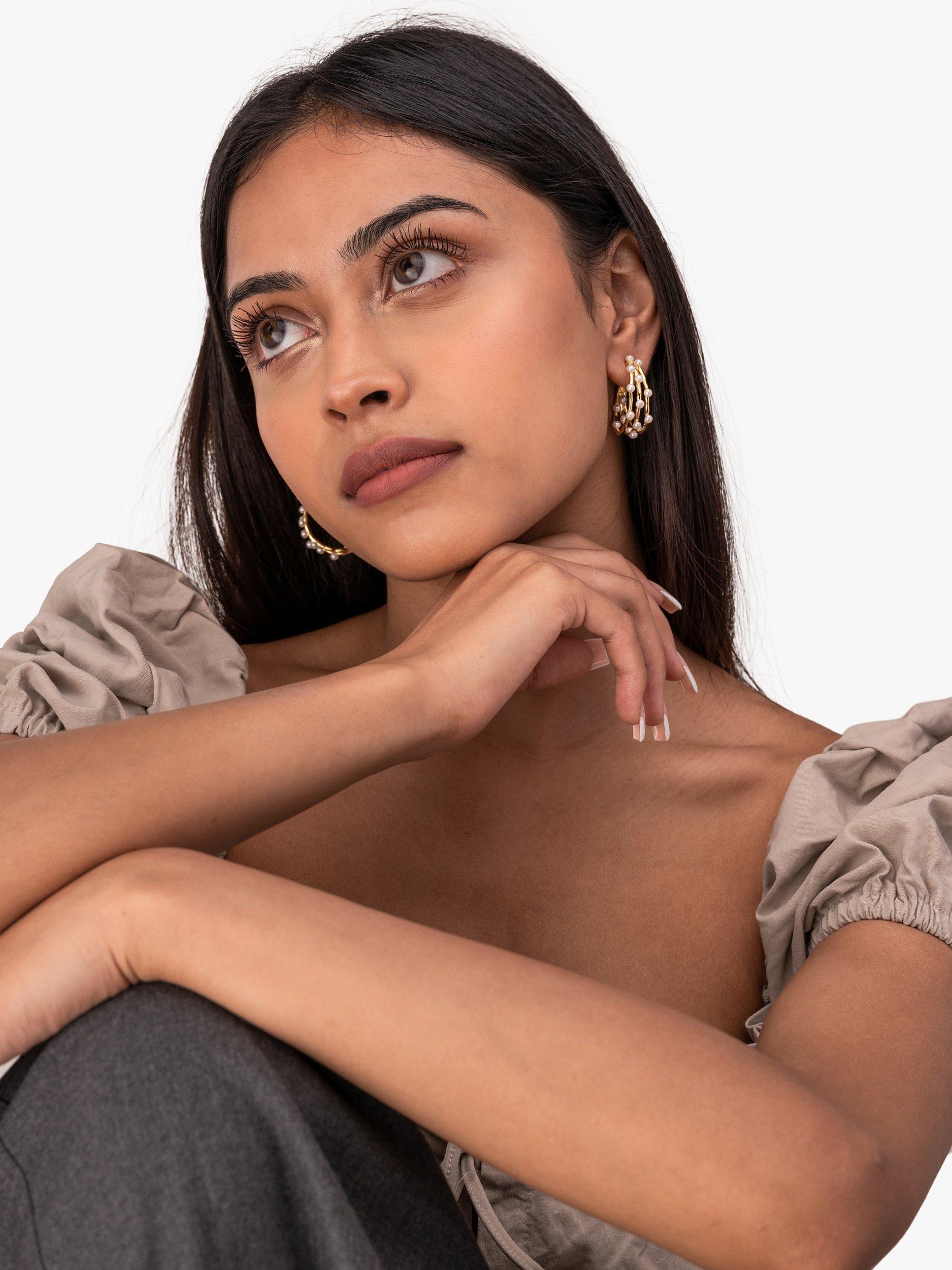 Product image 4 of 5, which shows Dower & Hall Medium Triple Row Waterfall Pearl Hoop Earrings, Gold/White