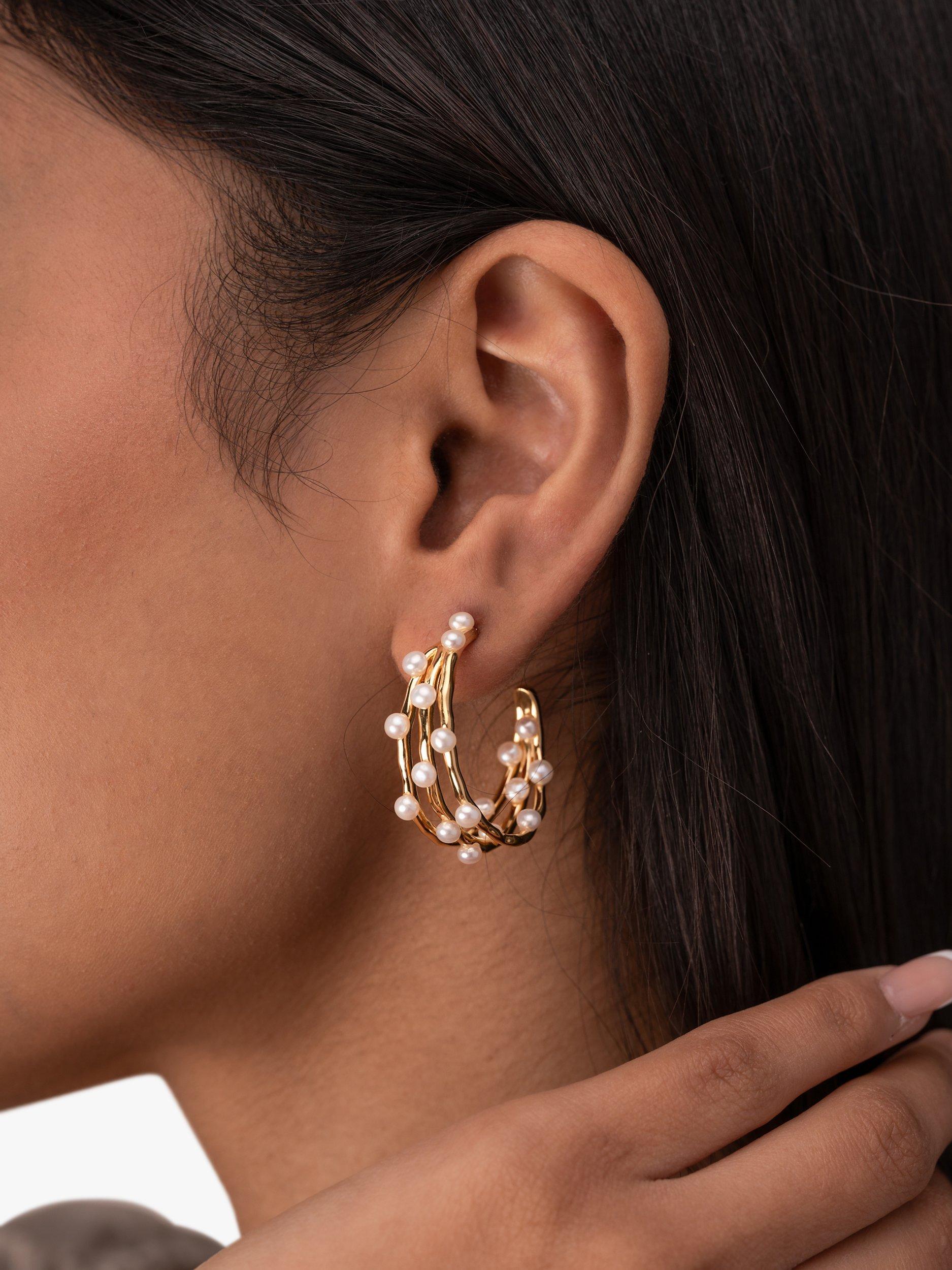 Product image 5 of 5, which shows Dower & Hall Medium Triple Row Waterfall Pearl Hoop Earrings, Gold/White