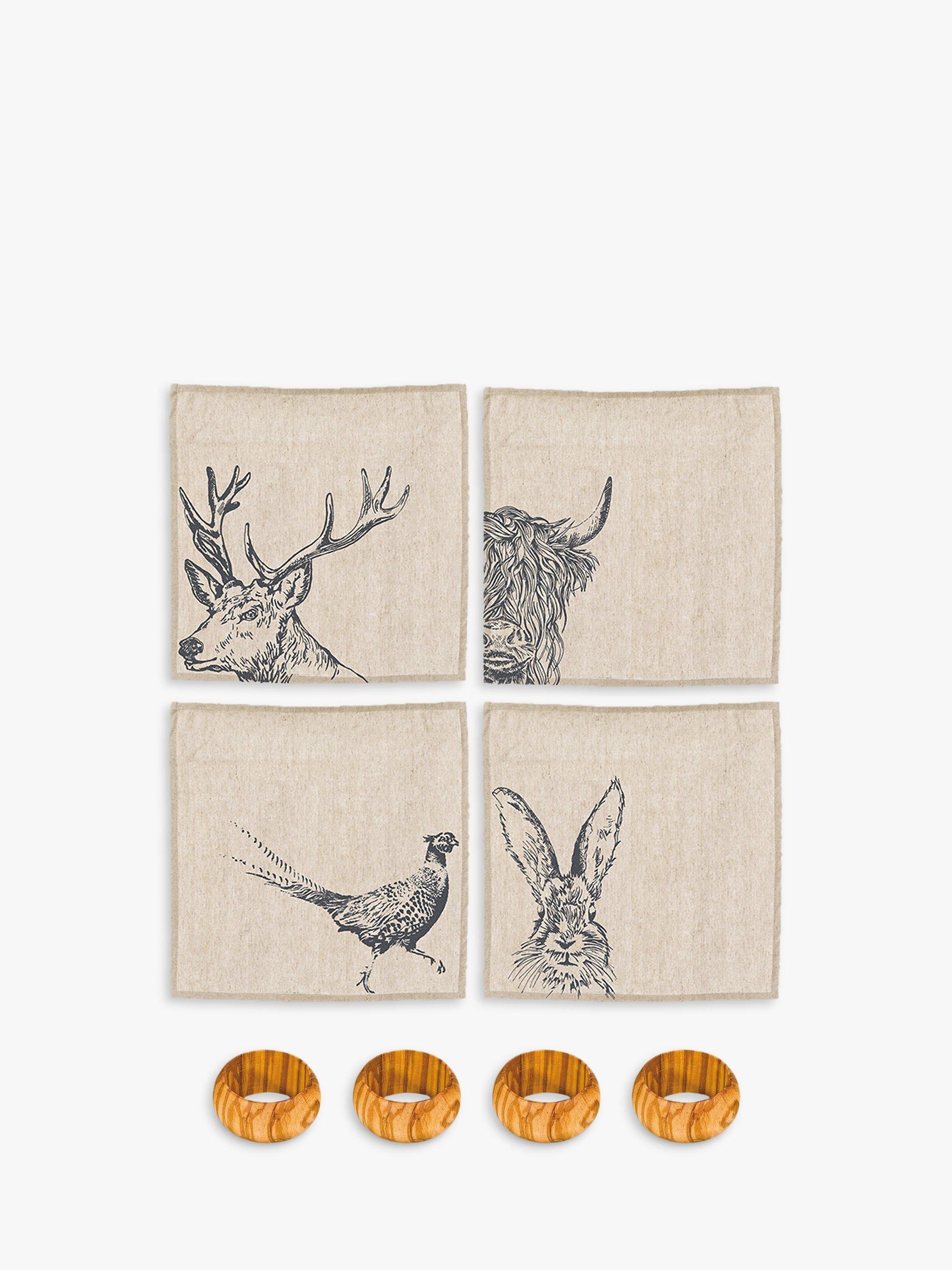 Selbrae House Country Animal Napkins & Olive Wood Napkin Rings, Set of 4