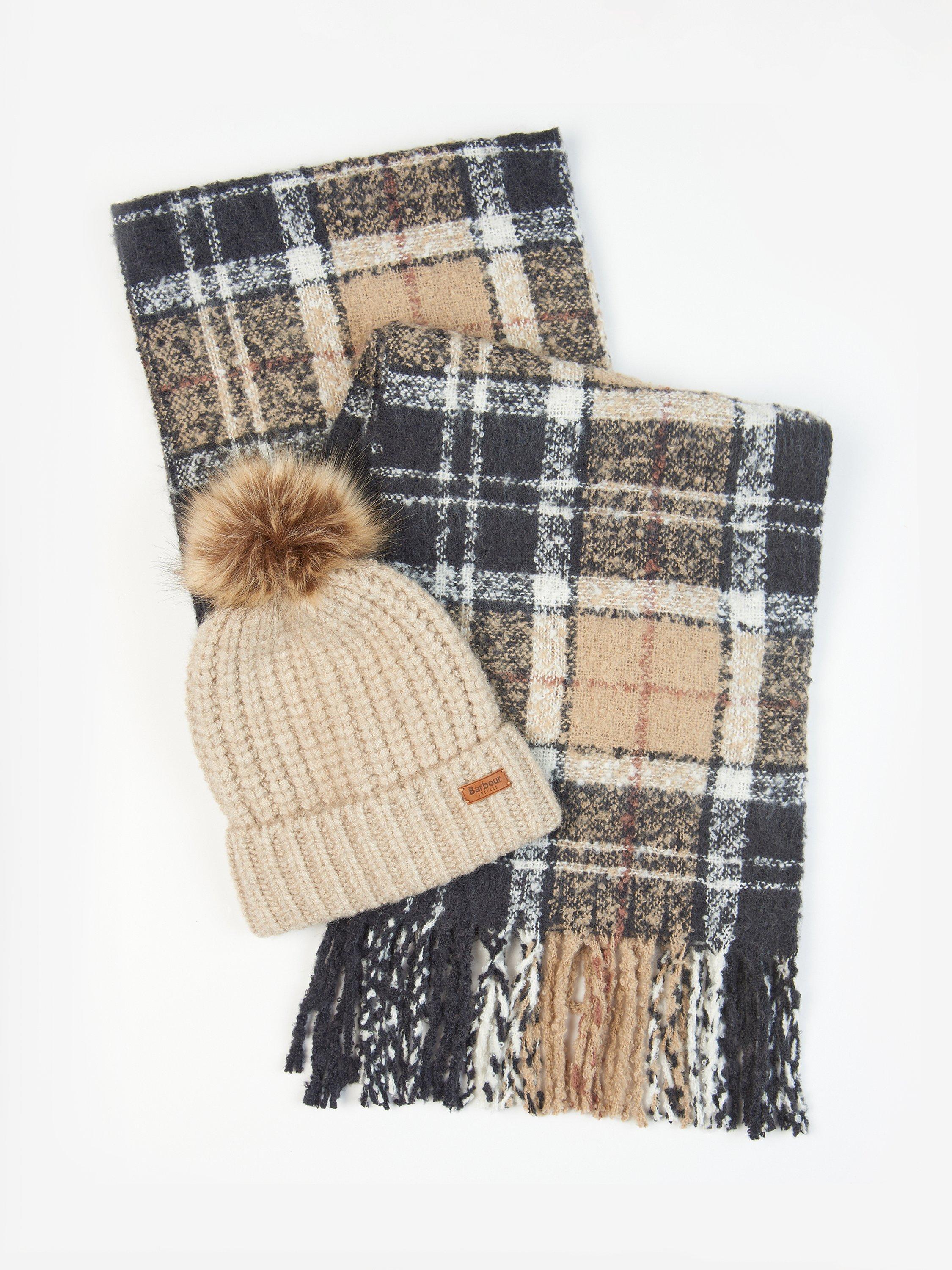 Barbour Saltburn Beanie Hat Check Scarf Gift Set Rosewood