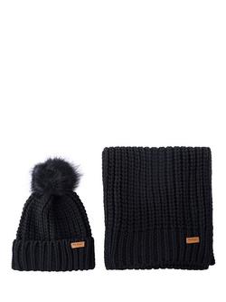 Barbour Saltburn Faux Fur Pom-Pom Beanie Hat & Scarf Gift Set, Black