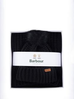 Barbour Saltburn Faux Fur Pom-Pom Beanie Hat & Scarf Gift Set - view 2, Black