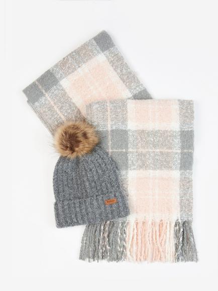 Barbour Saltburn Beanie Hat & Check Scarf Gift Set, Grey/Rose, Grey/Rose