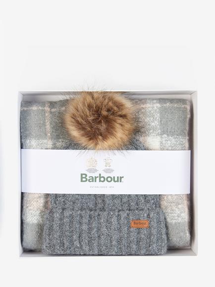 Barbour Saltburn Beanie Hat & Check Scarf Gift Set, Grey/Rose - view 2, Grey/Rose