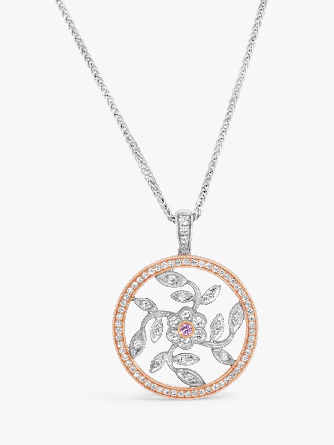 Product image 1 of 3, which shows Milton & Humble Jewellery Pre-Loved Simon G 18ct White and Rose Gold 82 Stone Diamond Round Floral Pendant Necklace
