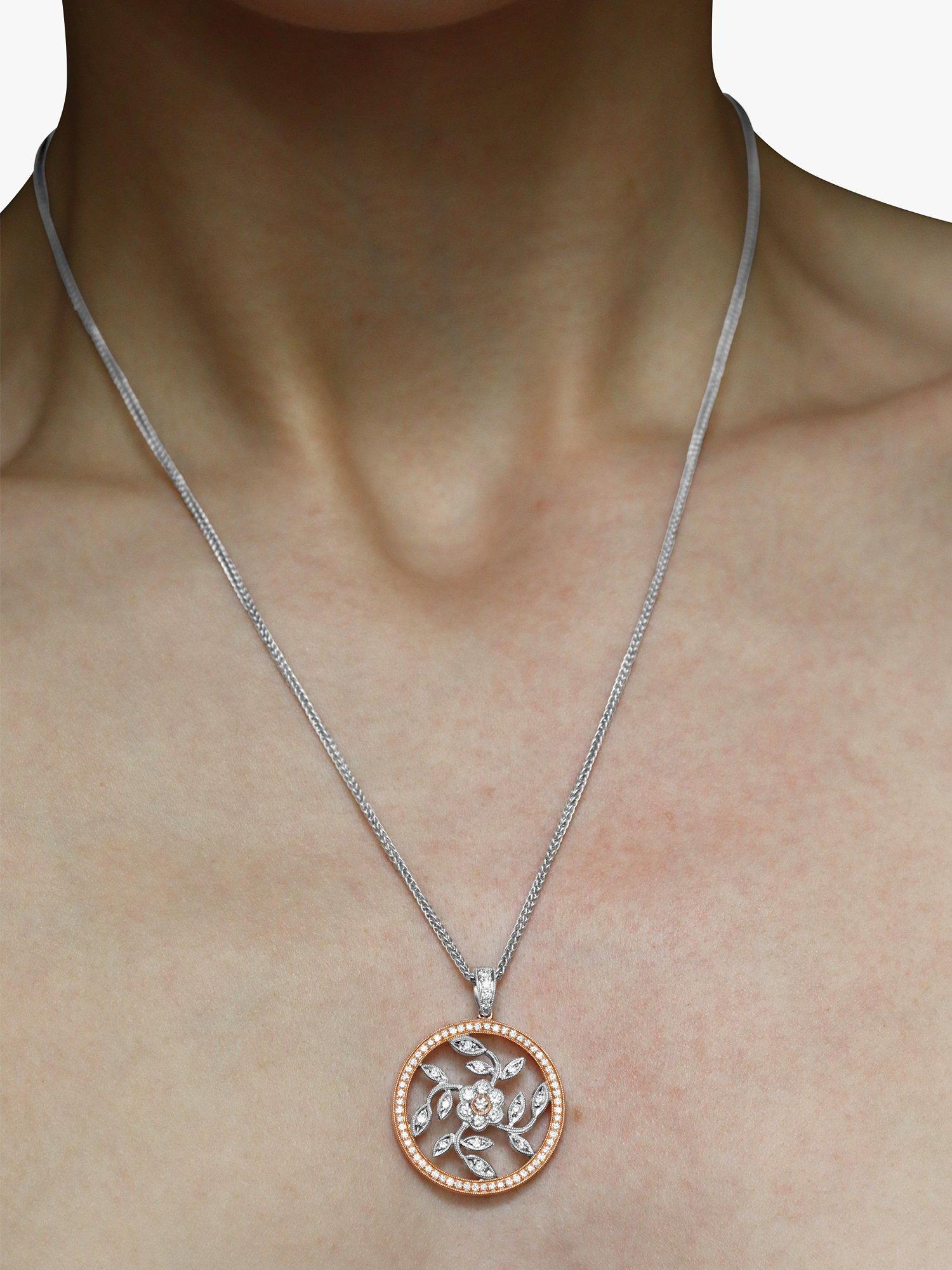 Product image 3 of 3, which shows Milton & Humble Jewellery Pre-Loved Simon G 18ct White and Rose Gold 82 Stone Diamond Round Floral Pendant Necklace