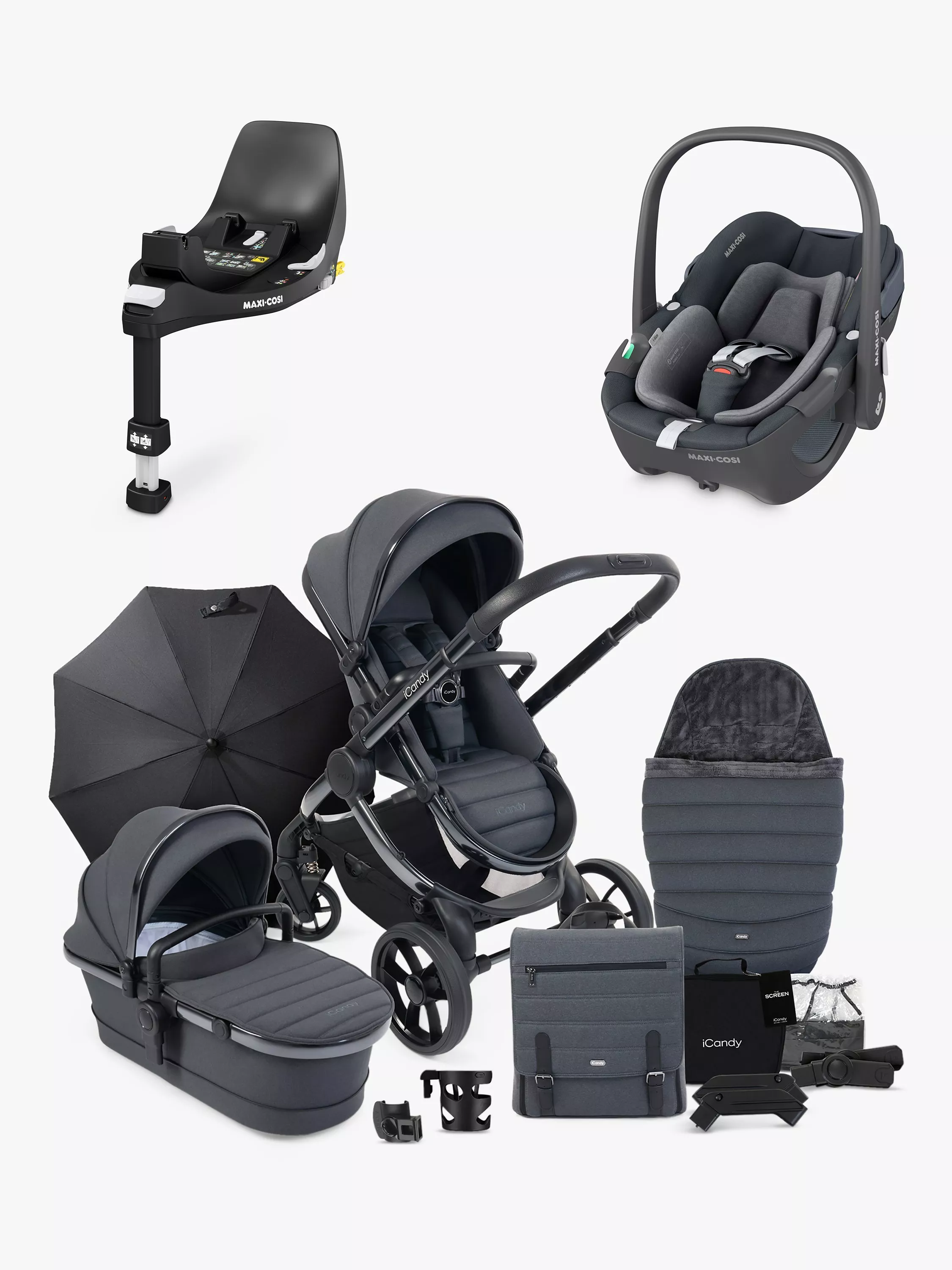 iCandy Peach 7 Pushchair Accessories with Maxi Cosi Pebble 360 Baby Car Seat and Base Bundle Grey Essential Graphite