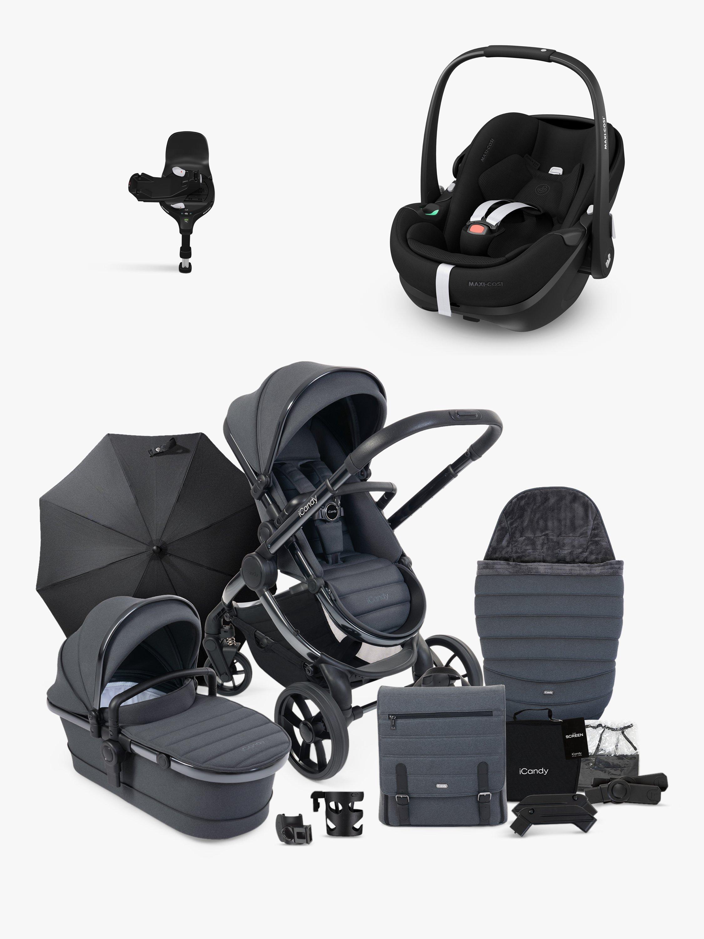 iCandy Peach 7 Pushchair Accessories with Maxi Cosi Pebble 360 Pro2 Baby Car Seat and Base Bundle Grey Essential Black