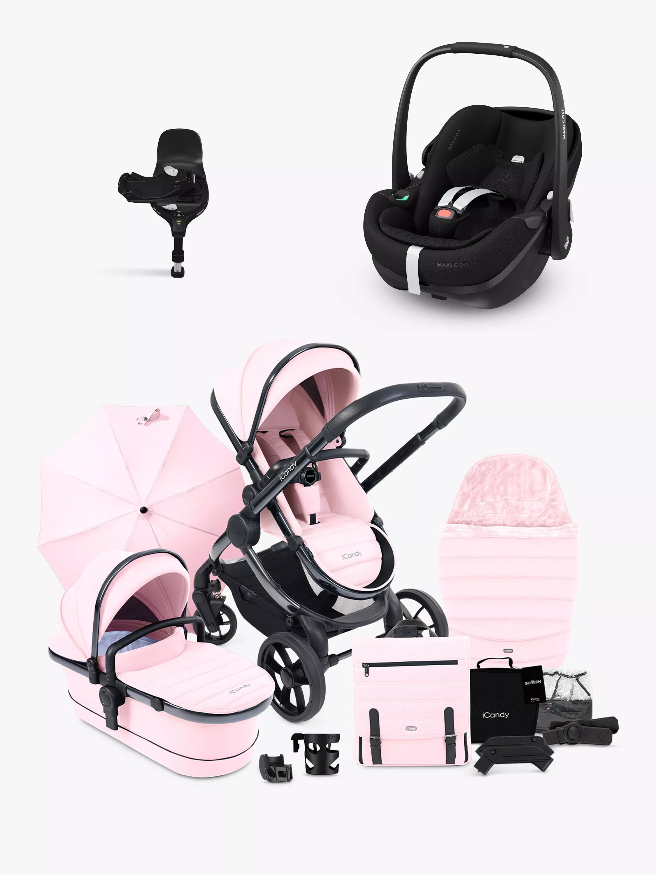 iCandy Peach 7 Pushchair Accessories with Maxi Cosi Pebble 360 Pro2 Baby Car Seat and Base Bundle Blush Pink Essential Black