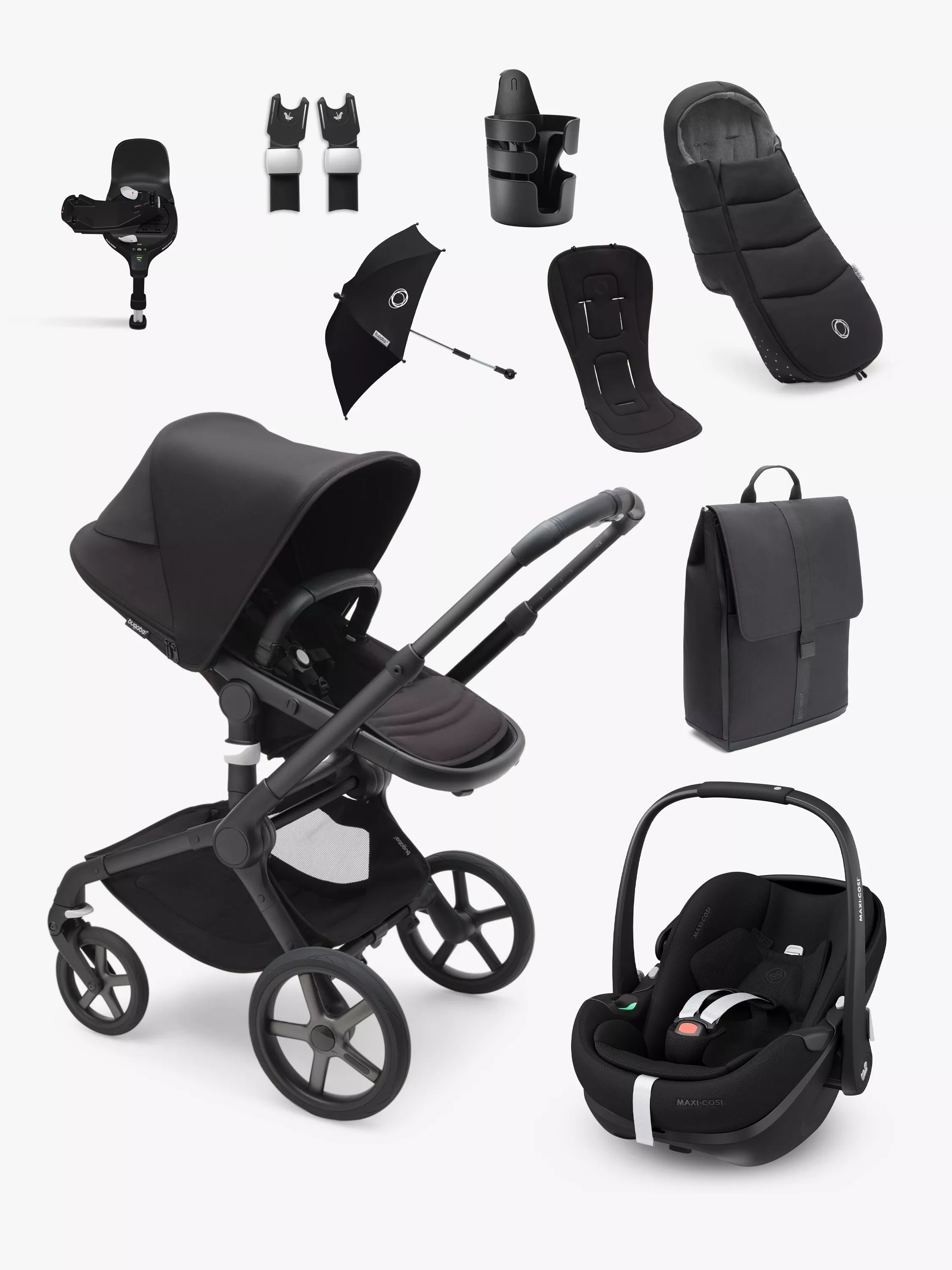 Bugaboo Fox 5 Pushchair with Maxi Cosi Pebble 360 Pro2 Baby Car Seat and Base Bundle Midnight Black Essential Black