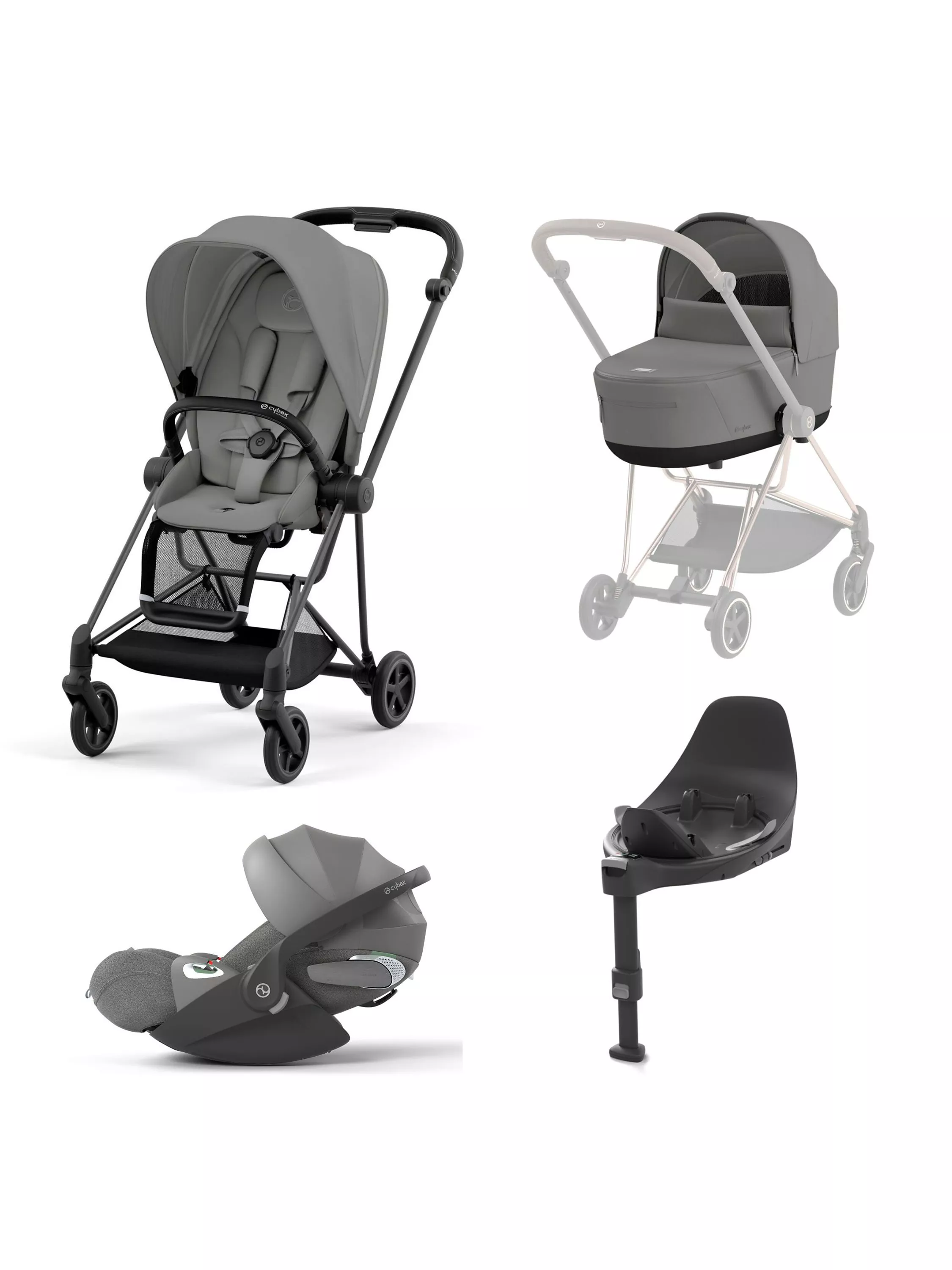 Cybex Mios Pushchair Carrycot Cloud T PLUS i Size Car Seat with Base T Bundle Black Grey